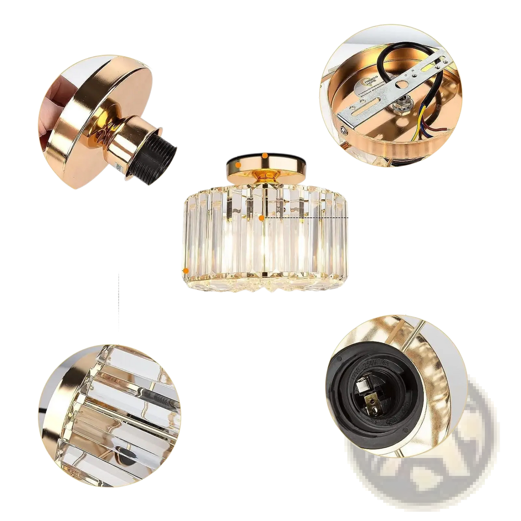 Gold-toned ceiling pendant light with cylindrical crystal chandelier design in rose gold flush mount style