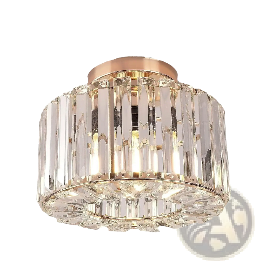 Crystal flush mount ceiling light with rose gold metal base and clear faceted crystal prisms in vertical columns
