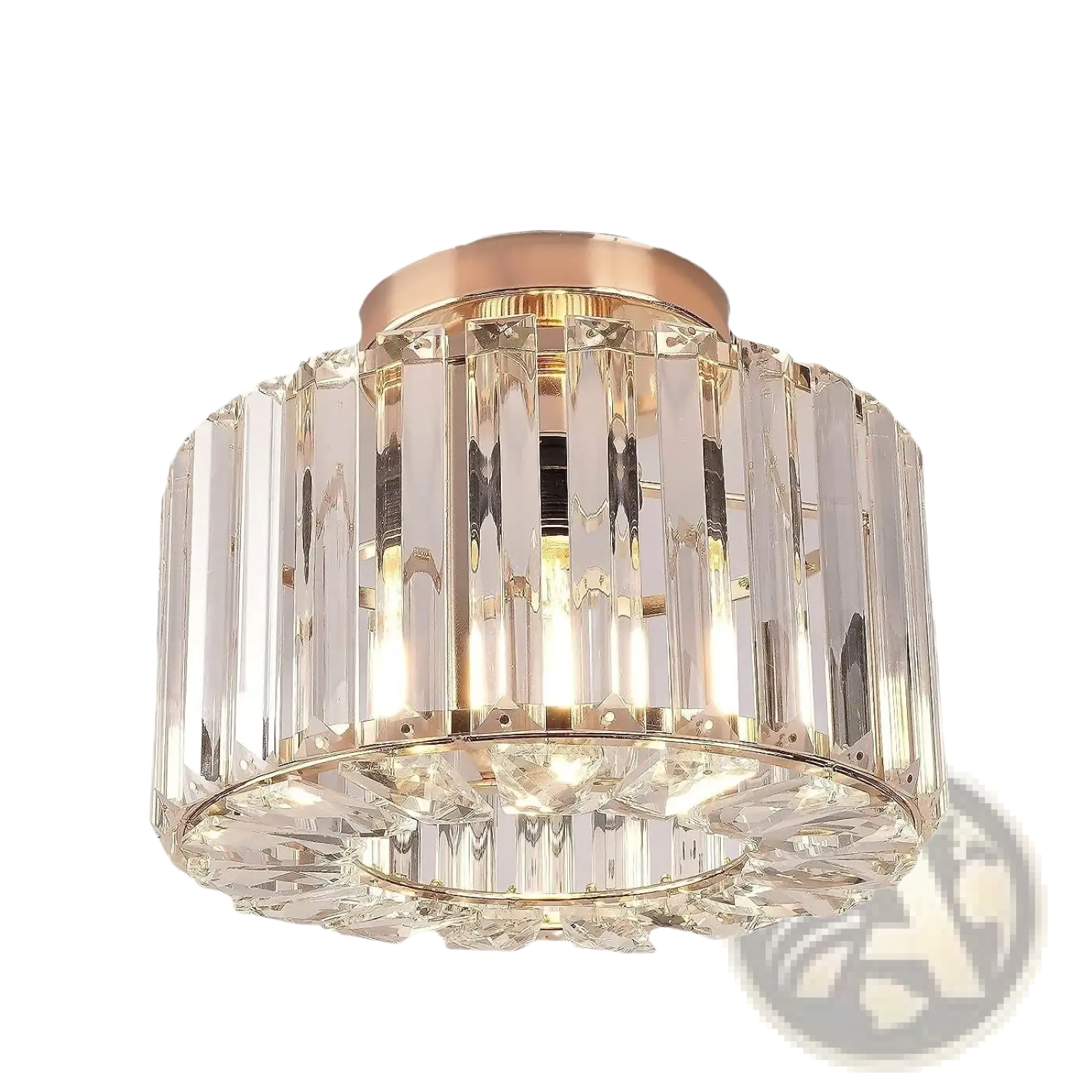 Crystal flush mount ceiling light featuring a modern rose gold screw base and clear faceted glass prisms in vertical columns