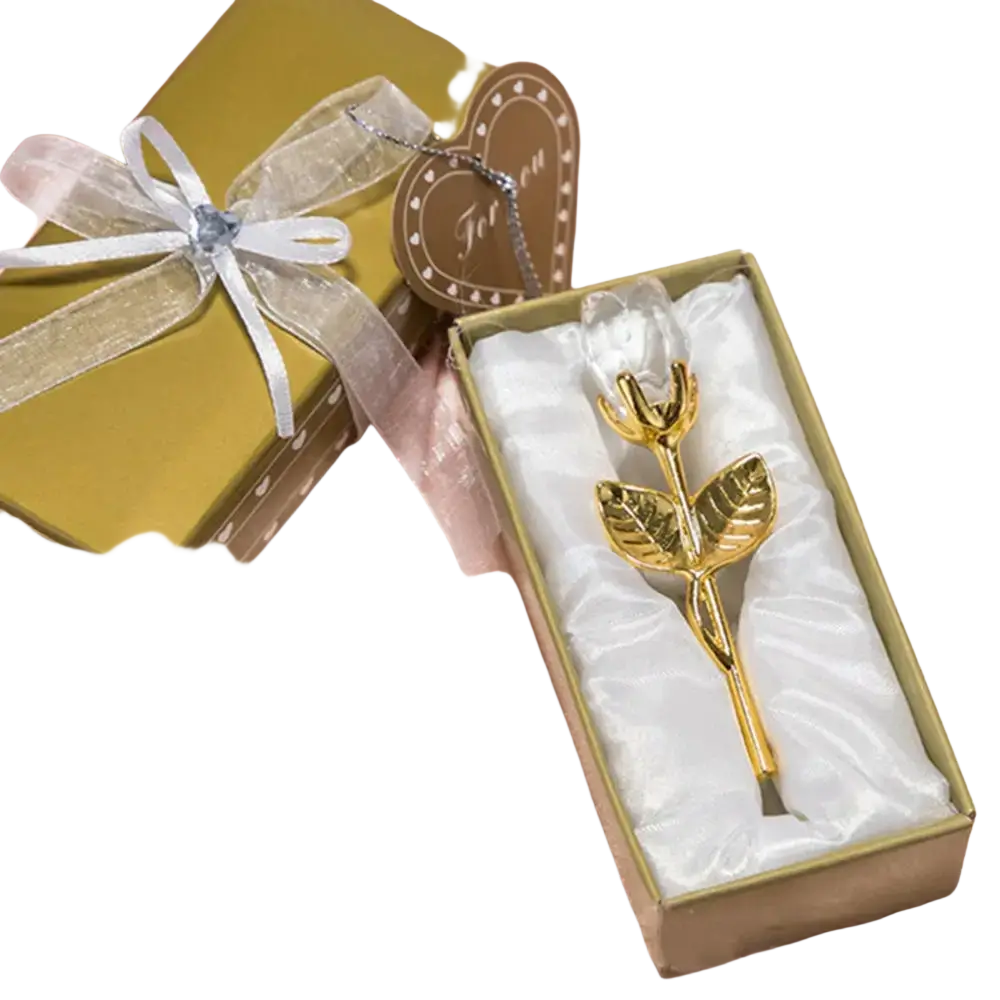 Golden crystal glass rose with clear crystal head in white satin-lined gift box for Valentine’s Day gift