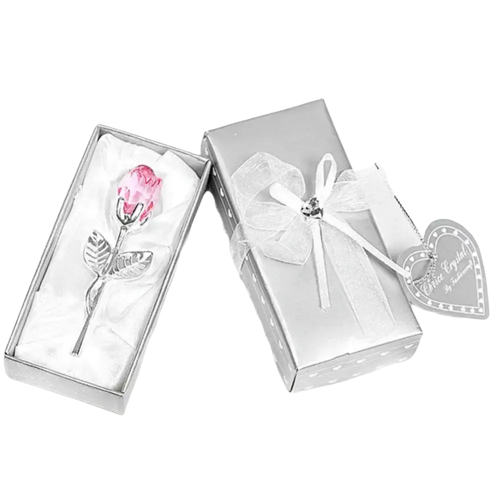 A crystal glass rose gift for valentine’s day with pink crystal flower and silver metallic stem in a silver gift box