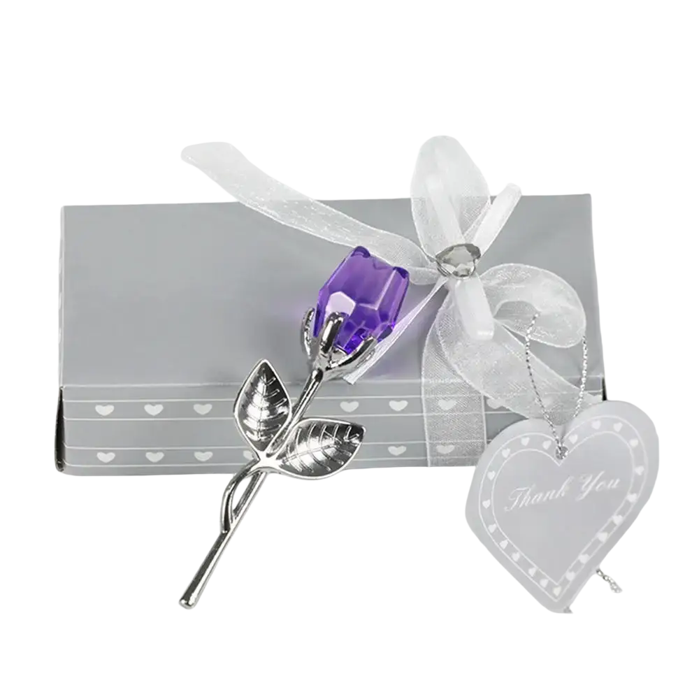 A sparkling purple crystal glass rose with silver metallic leaves and stem as a valentine gift favor item