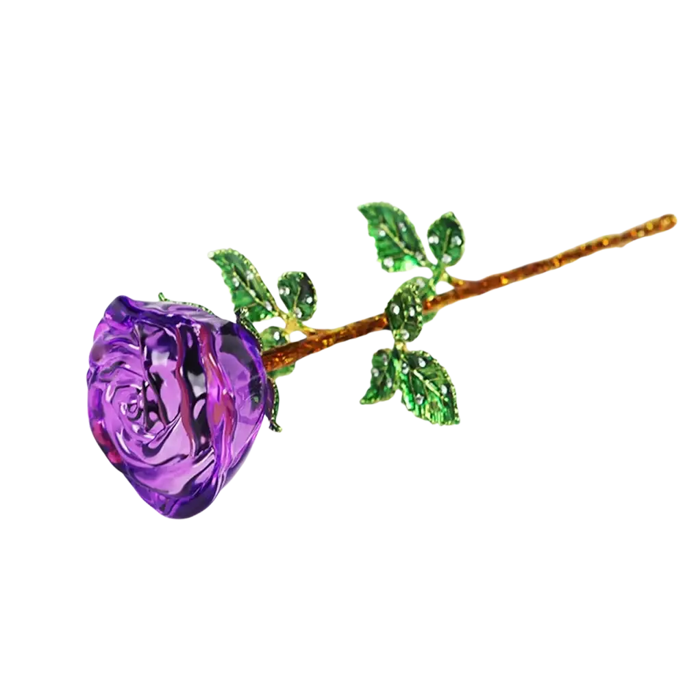 A crystal glass rose with sparkling purple petals green leaf accents and a golden stem for Valentine’s Day gift