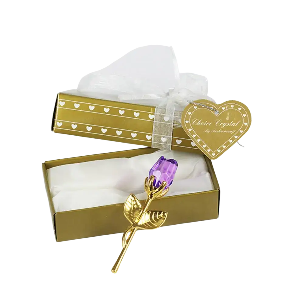 A purple crystal glass rose with gold-toned metallic stem and leaves in a gift box for Valentine’s Day