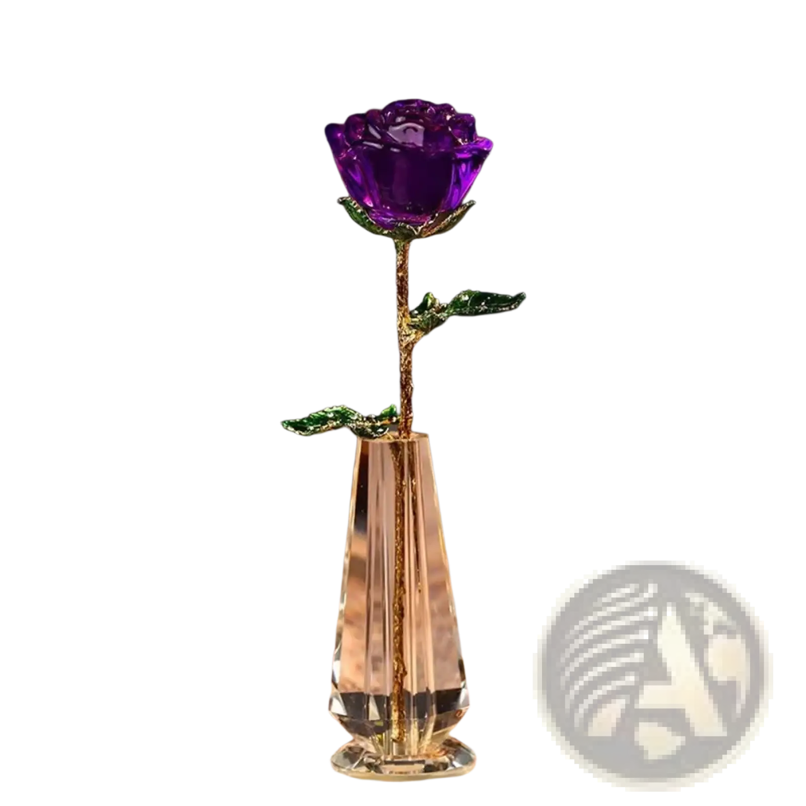 A sparkling purple crystal glass rose with gold-leaf stem and green leaves in a faceted clear vase for Valentine’s Day gift