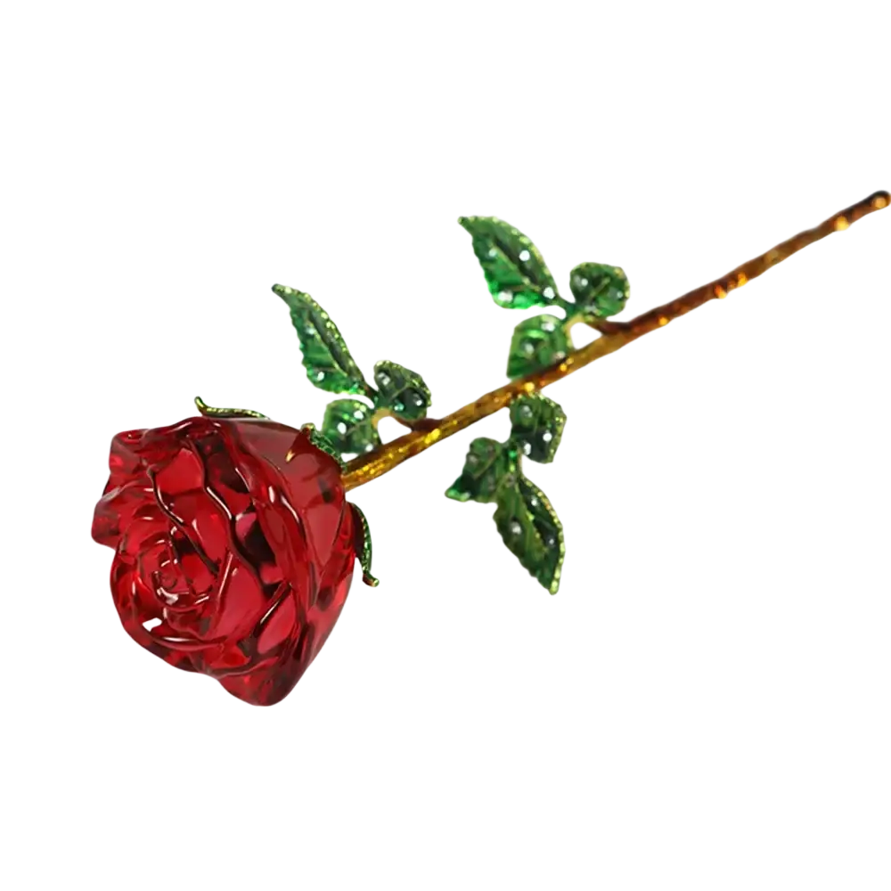 A sparkling red crystal glass rose with a gold-toned stem and green leaf accents for valentine’s day gift