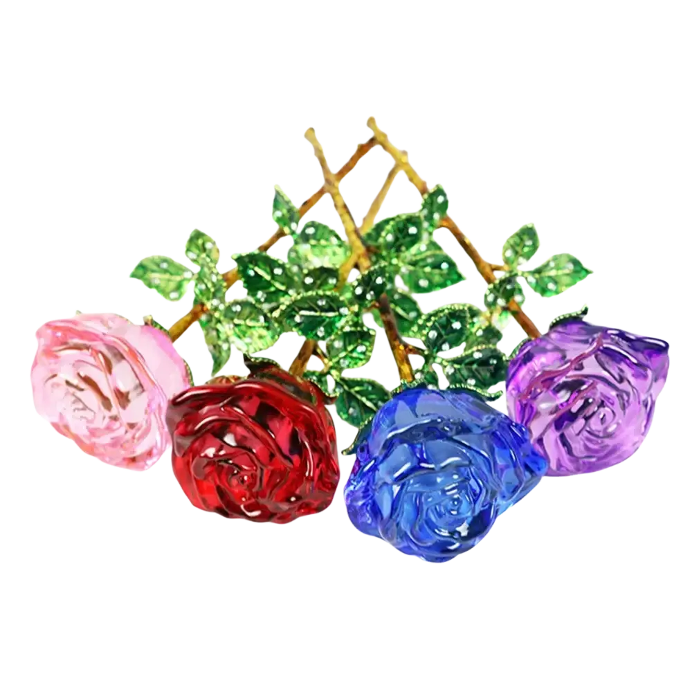 A set of four colorful crystal glass roses in pink red blue and purple with glittery green leaves on gold stems for valentine’s day gift