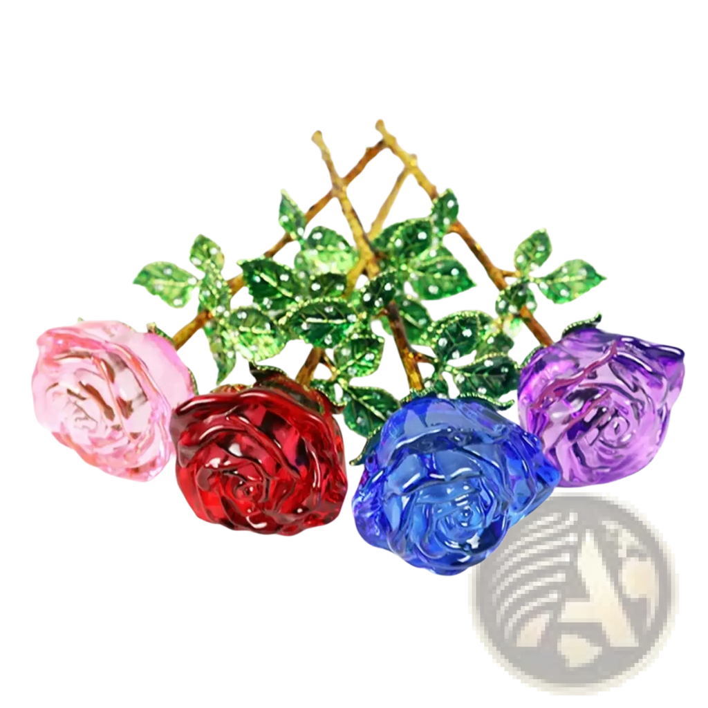 A set of four colorful crystal glass roses in pink red blue and purple with glittery green leaves on gold stems for valentine’s day gift
