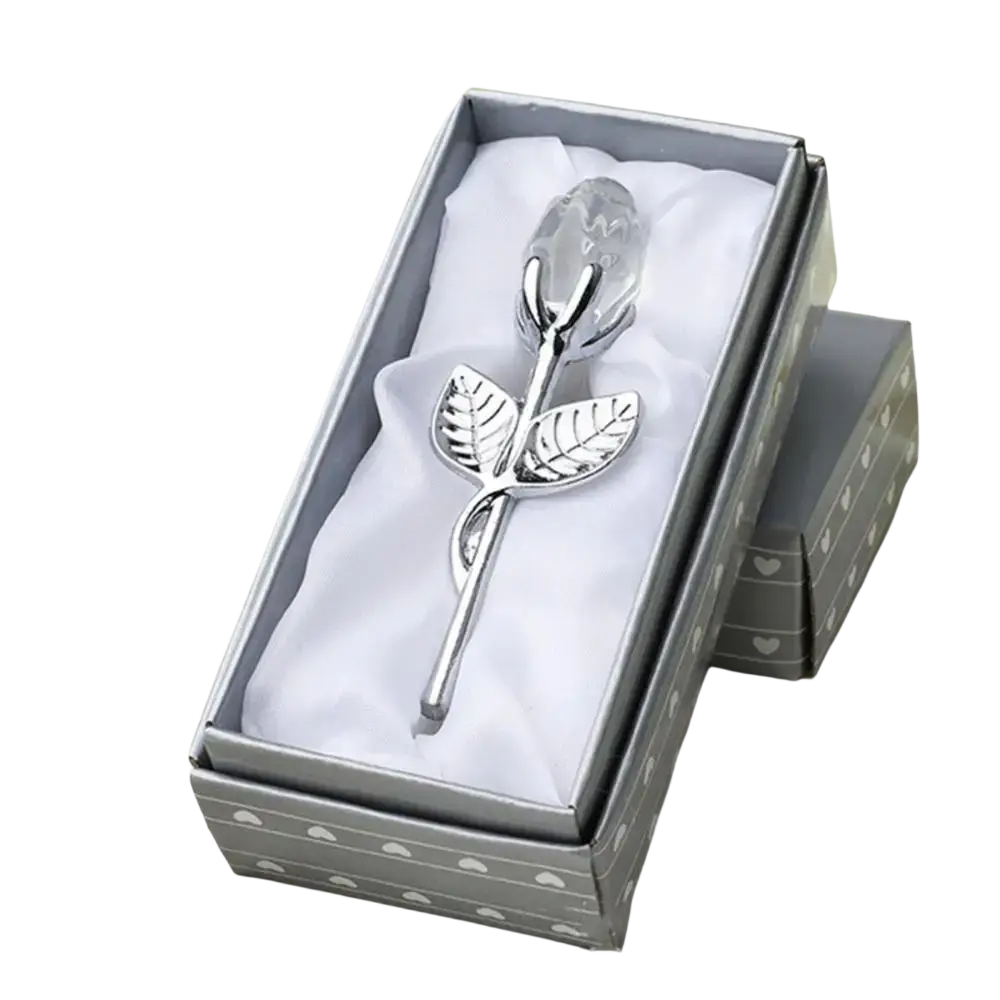 Silver rose-shaped spoon with clear crystal bud and detailed leaf design in elegant gift box for valentine’s day gift