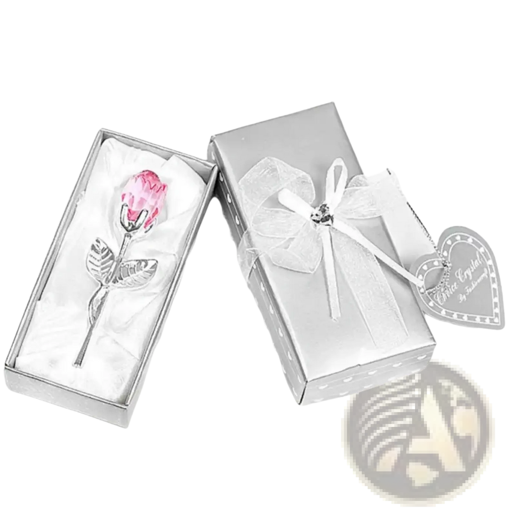 A crystal glass rose gift for valentine’s day with pink crystal flower and silver metallic stem in a silver gift box
