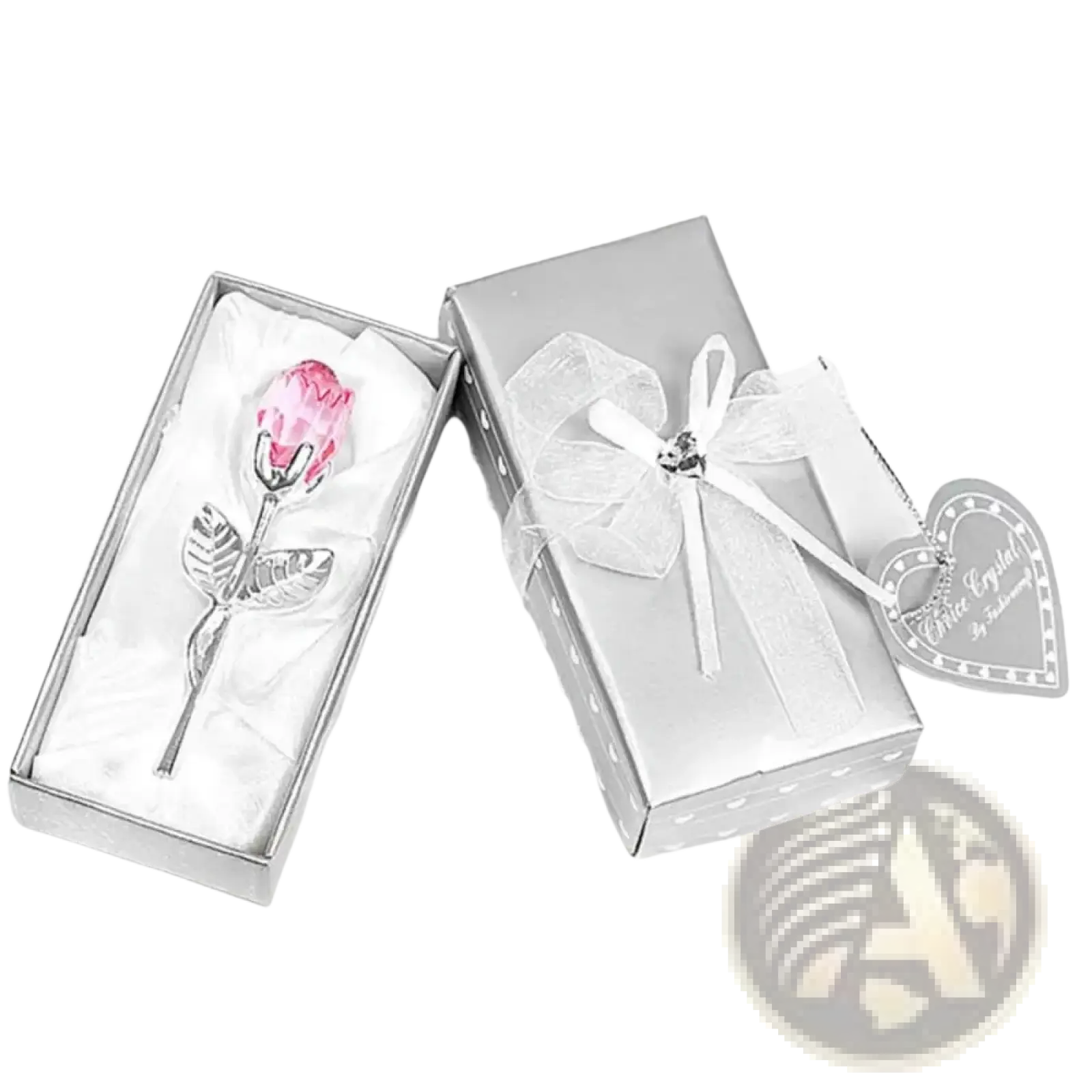 A crystal glass rose gift for valentine’s day with pink crystal flower and silver metallic stem in a silver gift box