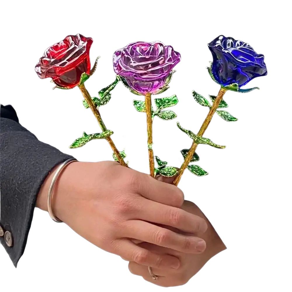 Crystal glass rose gift featuring red purple and blue glass roses with gold stems and green leaves for Valentine’s Day