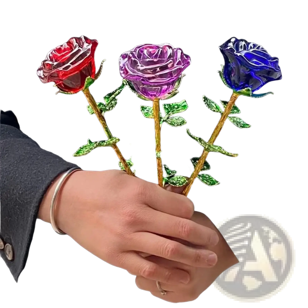 Crystal glass rose gift featuring red purple and blue glass roses with gold stems and green leaves for Valentine’s Day