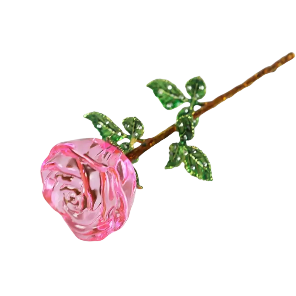 A translucent pink crystal glass rose with sparkling green leaf accents and a gold-toned stem for Valentine’s Day gift