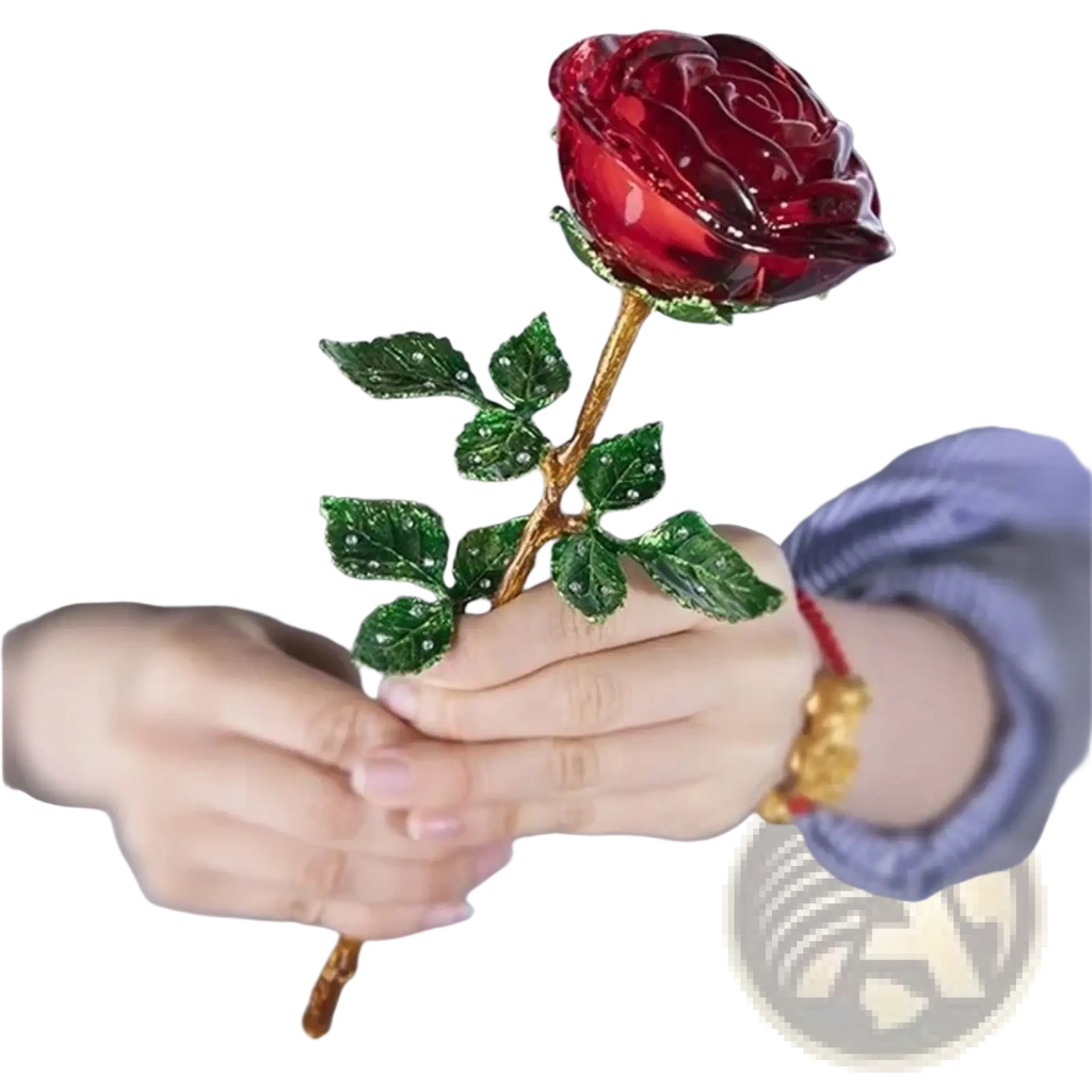 A translucent red crystal glass rose with a gold-toned stem and sparkling green leaves for Valentine’s Day gift