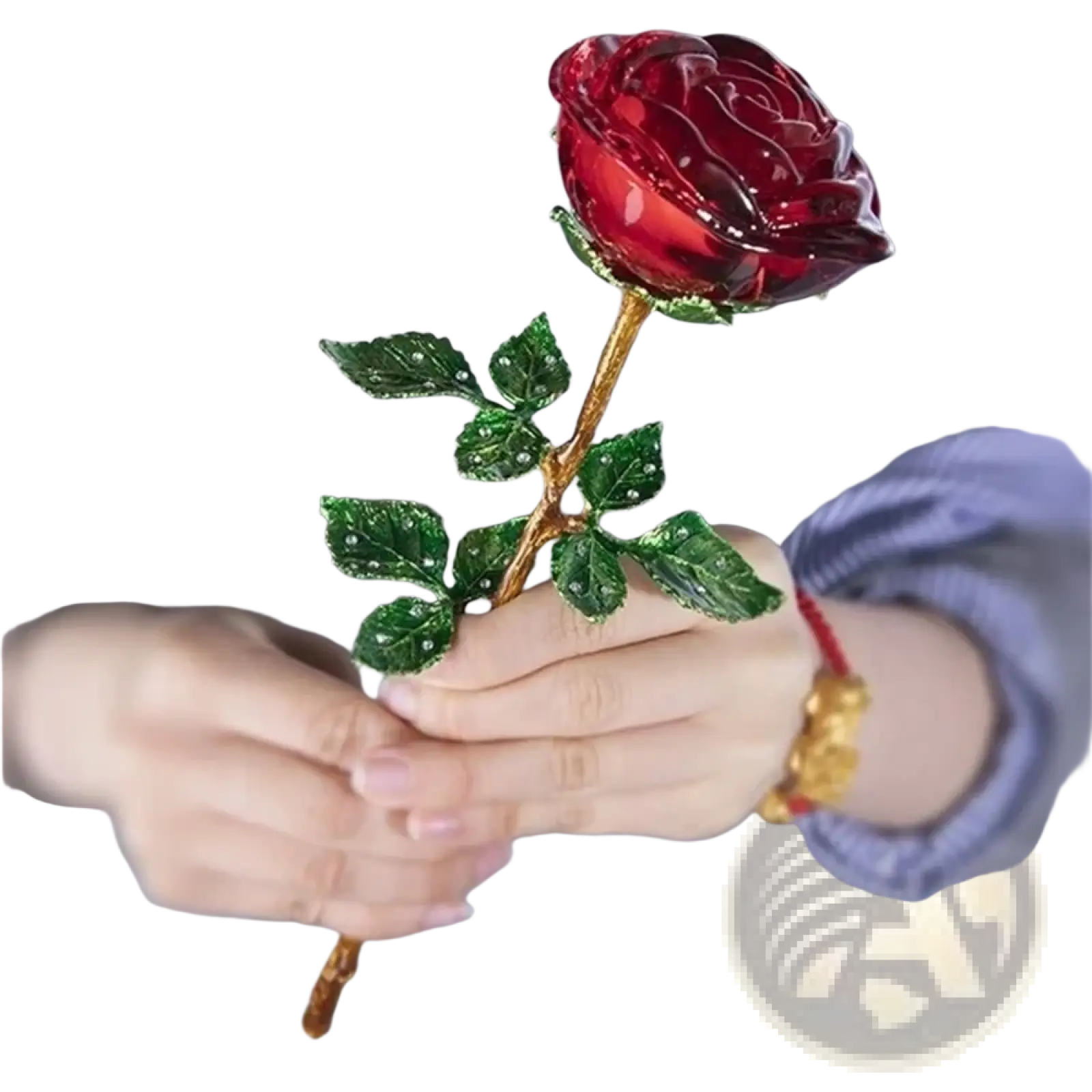 A translucent red crystal glass rose with a gold-toned stem and sparkling green leaves for Valentine’s Day gift