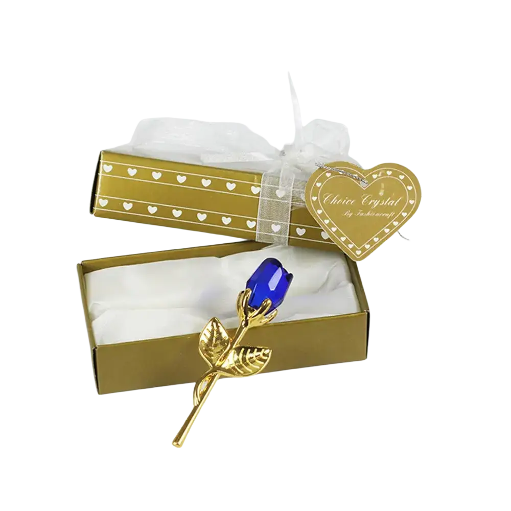A vibrant blue crystal glass rose with gold metallic stem in an elegant gold gift box for Valentine’s Day gift