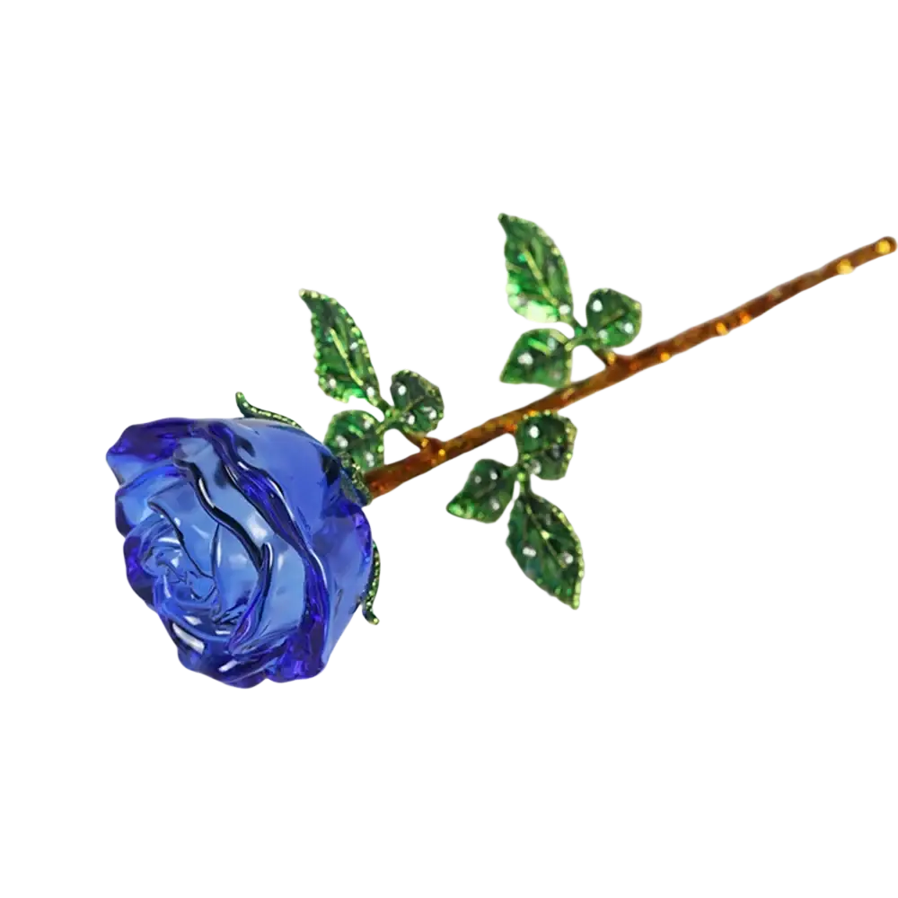 A vibrant blue crystal glass rose with a golden stem and sparkling green leaves for Valentine’s Day gift
