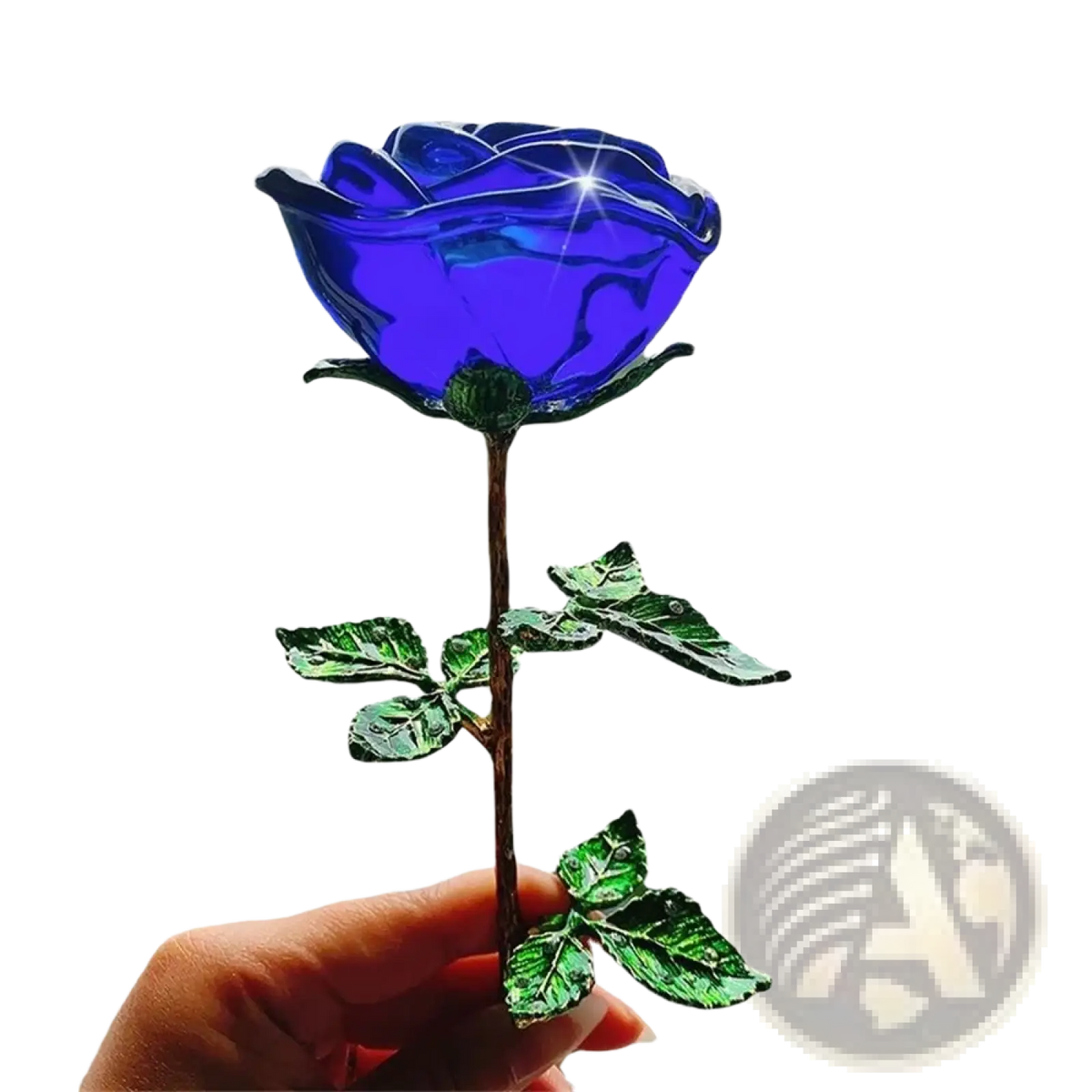 A vibrant blue crystal glass rose with metallic stem and green leaves held gently as a valentine’s day gift