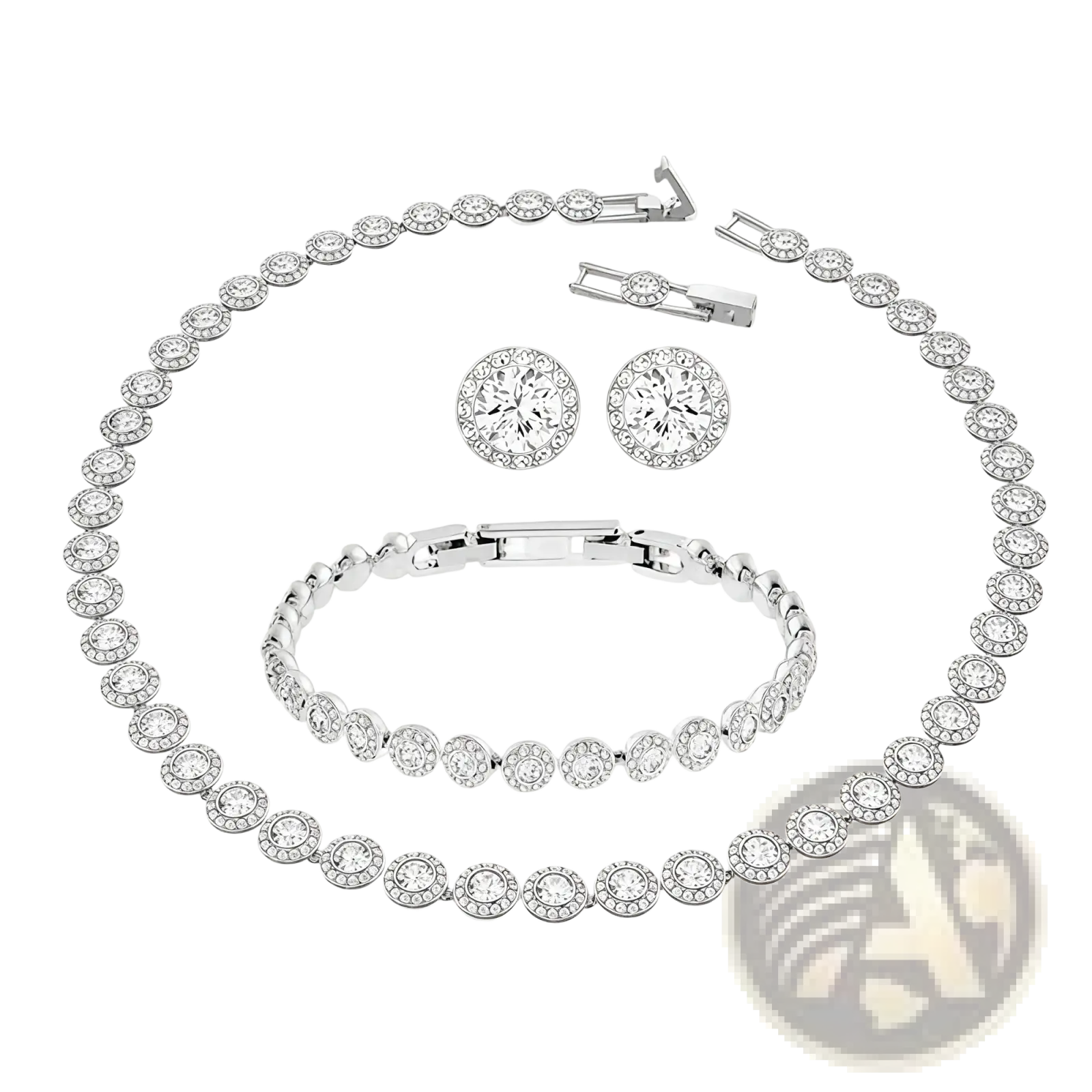 Crystal Heart jewelry set silver necklace earrings bracelet with silver-toned diamond-studded halo round-cut stones