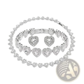 Silver heart-shaped jewelry set with sparkling crystal accents and polished metallic finish including necklace earrings bracelet