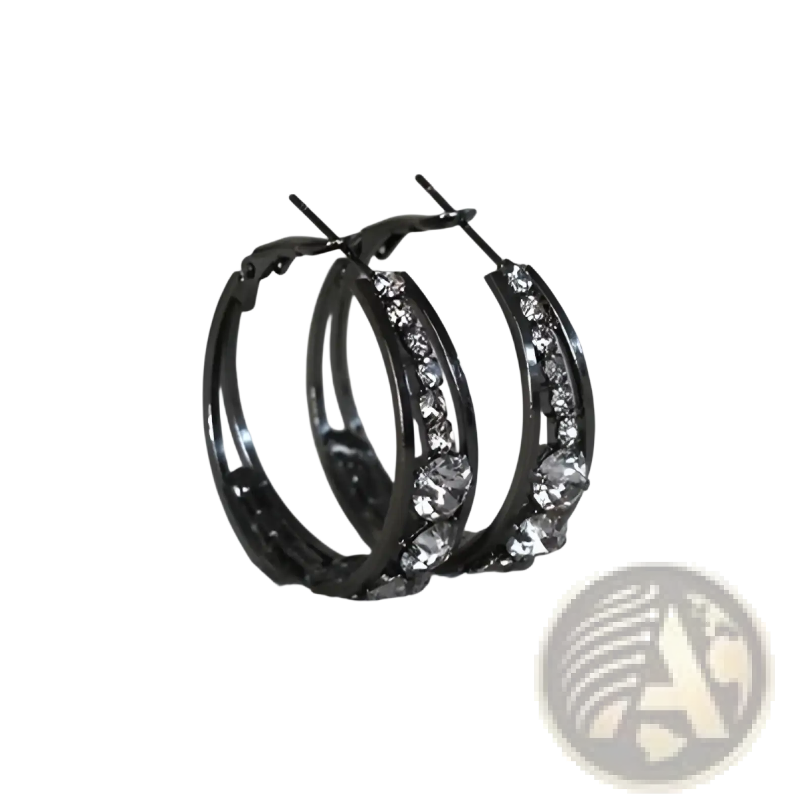 Black geometric hoop earrings for women adorned with clear crystal inlays along the outer edge