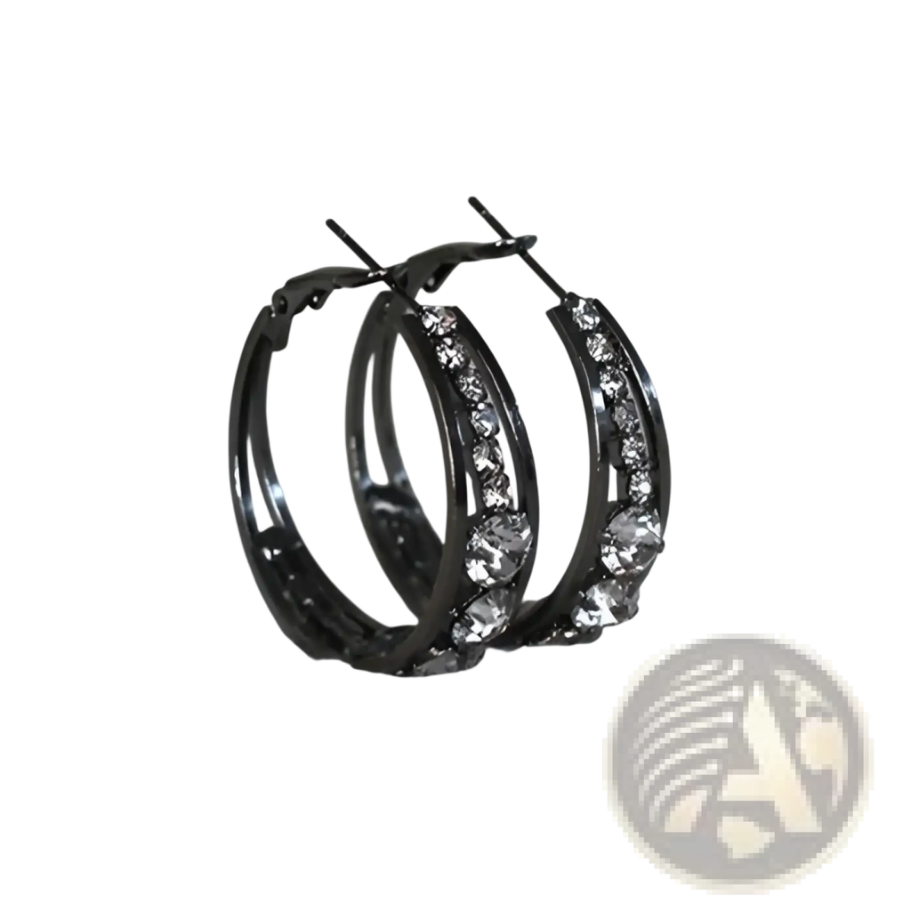 Black crystal inlaid geometric hoop earrings for women with clear sparkling rhinestones along the curve