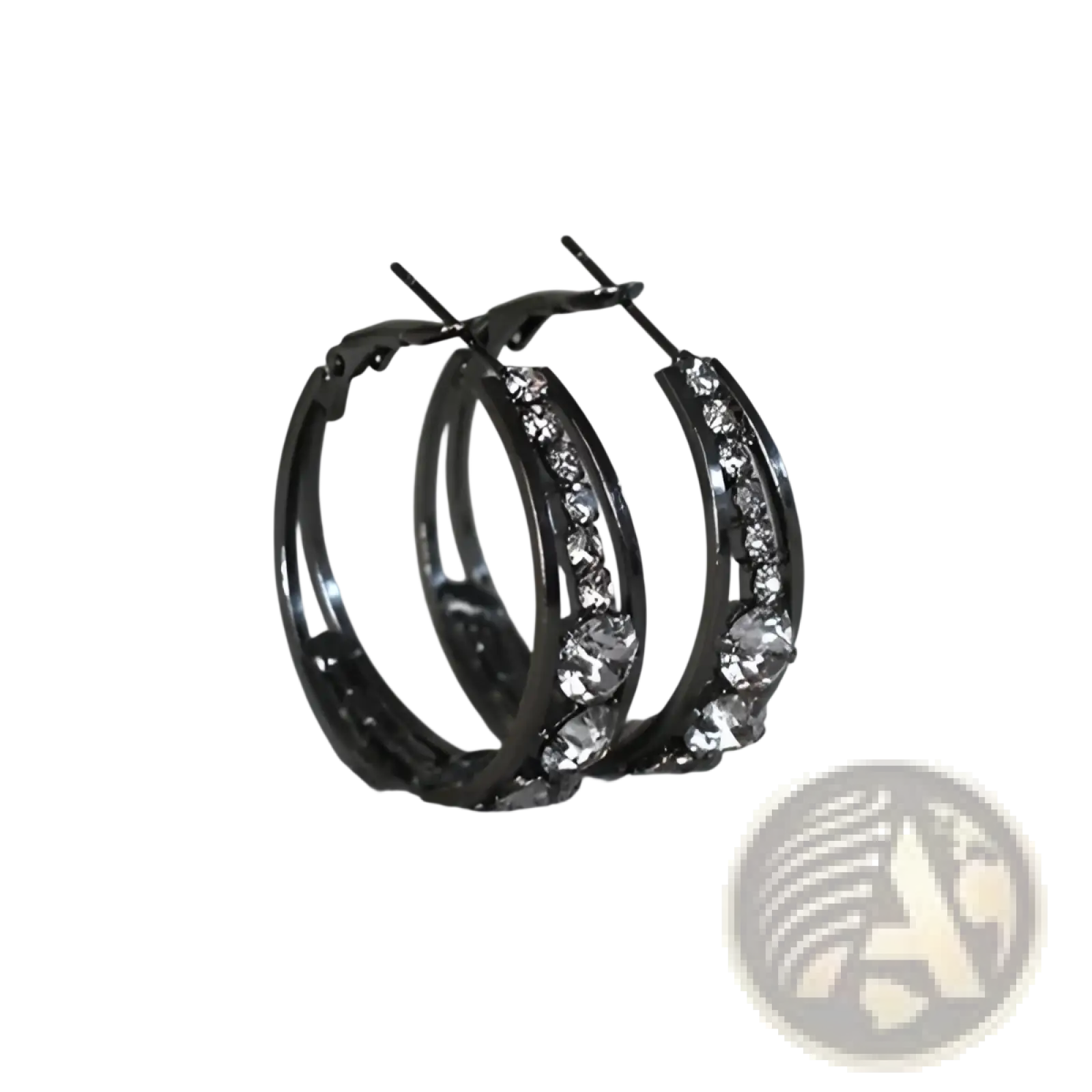 Black crystal inlaid geometric hoop earrings for women with clear sparkling rhinestones along the curve