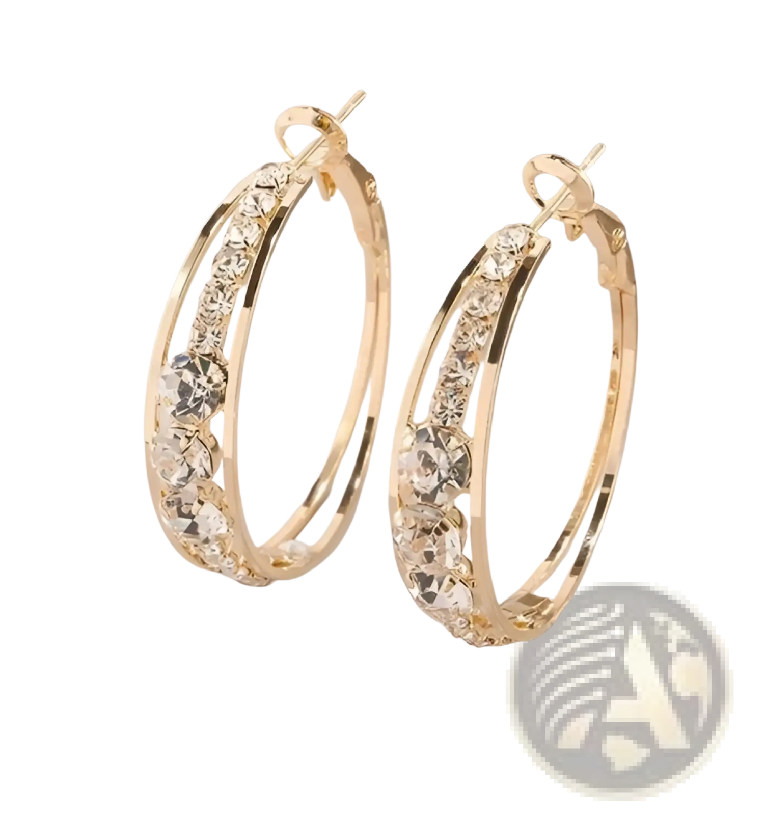Crystal inlaid geometric gold hoop earrings for women adorned with sparkling clear crystals along the curve