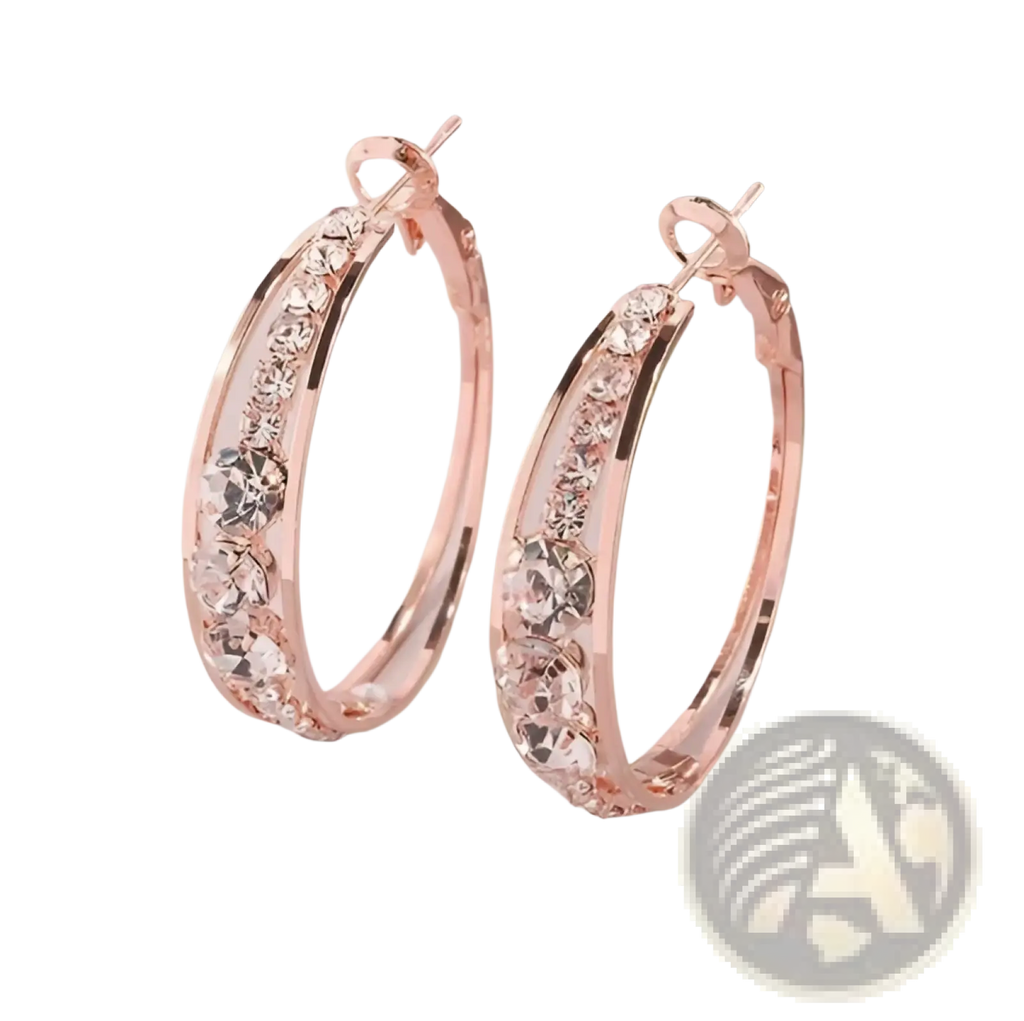 Rose gold geometric hoop earrings for women adorned with clear sparkling crystals along the curve