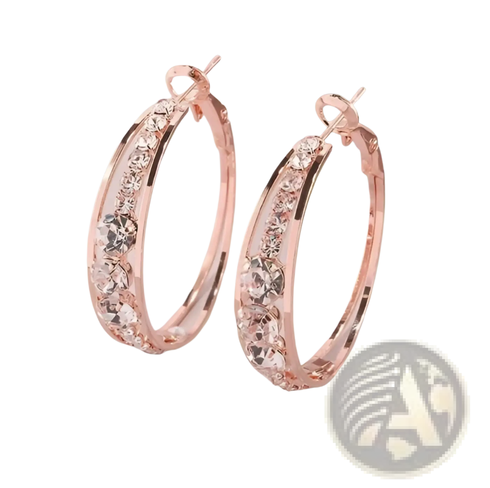 Rose gold geometric hoop earrings for women adorned with clear sparkling crystals along the curve
