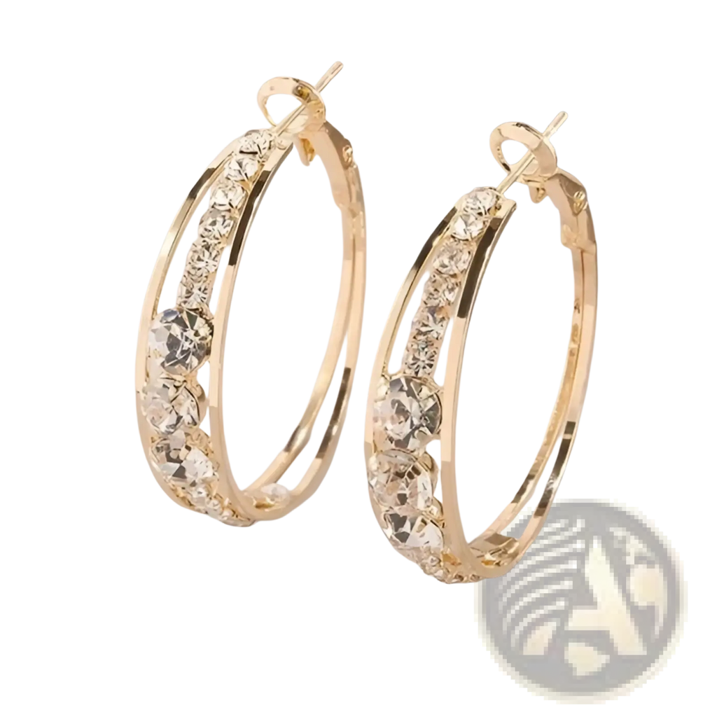 Crystal inlaid geometric gold hoop earrings for women adorned with sparkling clear crystals along the curve
