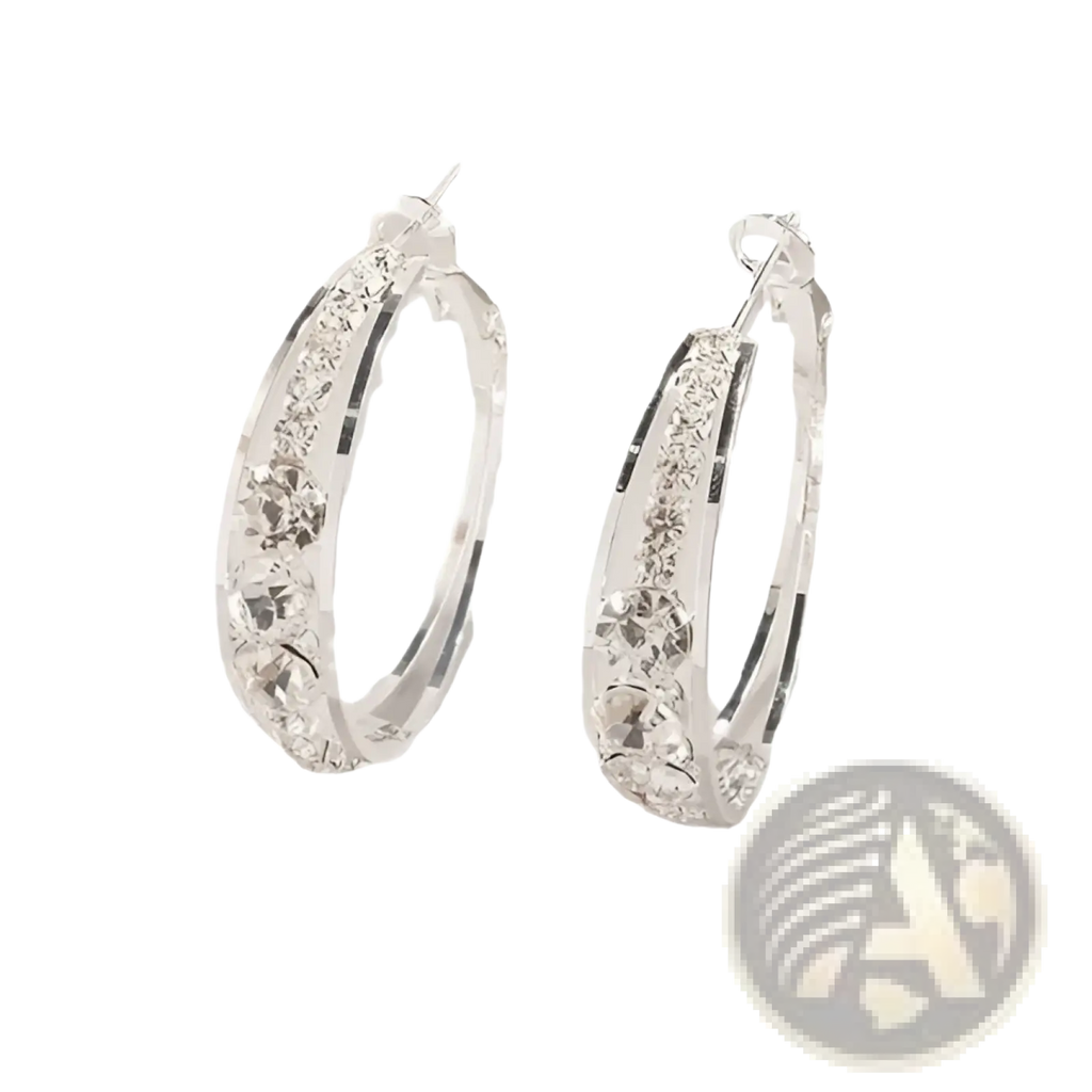 Crystal inlaid geometric silver hoop earrings with sparkling clear crystals on a polished metal band for women