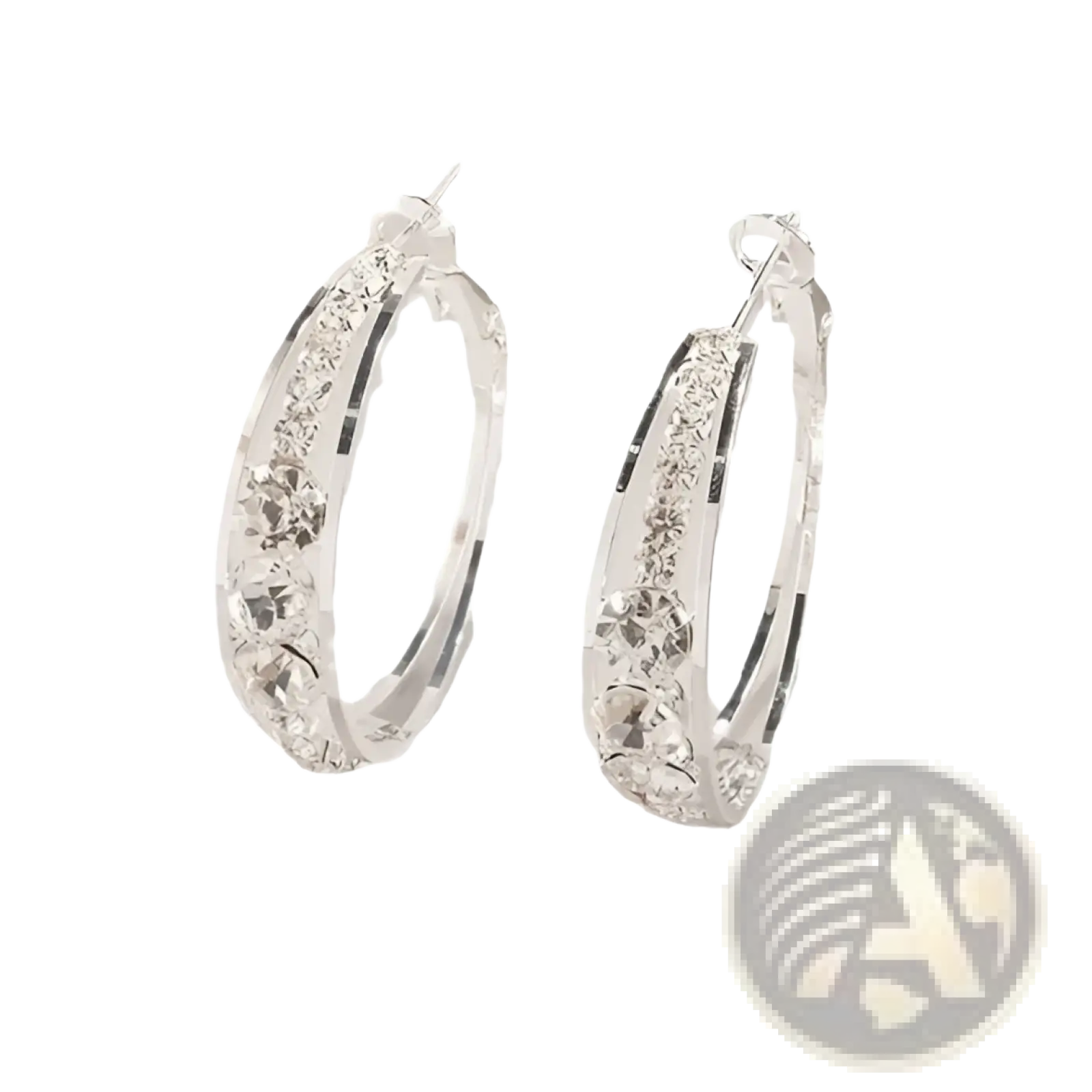 Crystal inlaid geometric silver hoop earrings with sparkling clear crystals on a polished metal band for women