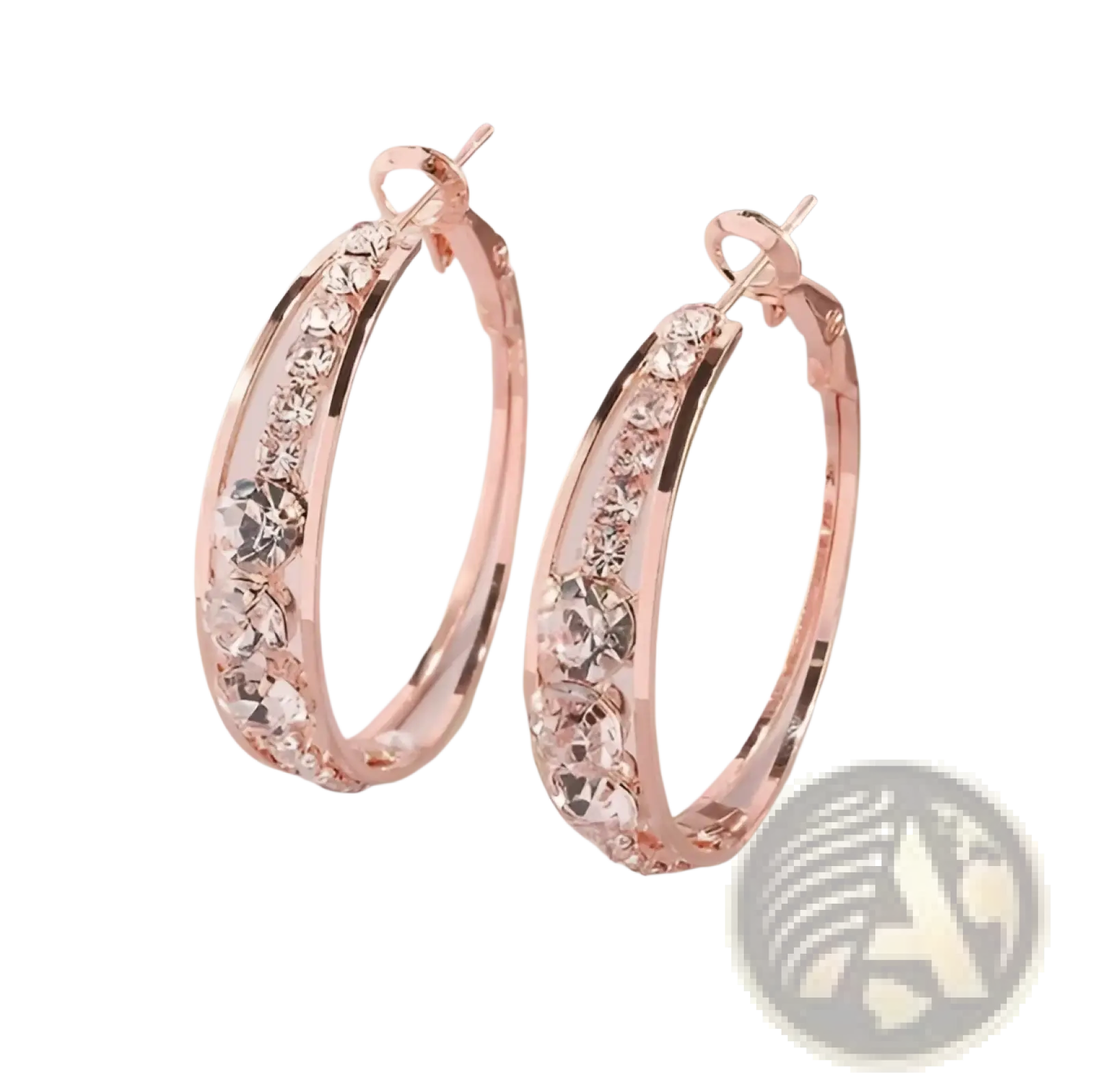 Rose gold geometric hoop earrings for women with sparkling clear crystals inlaid along the curve