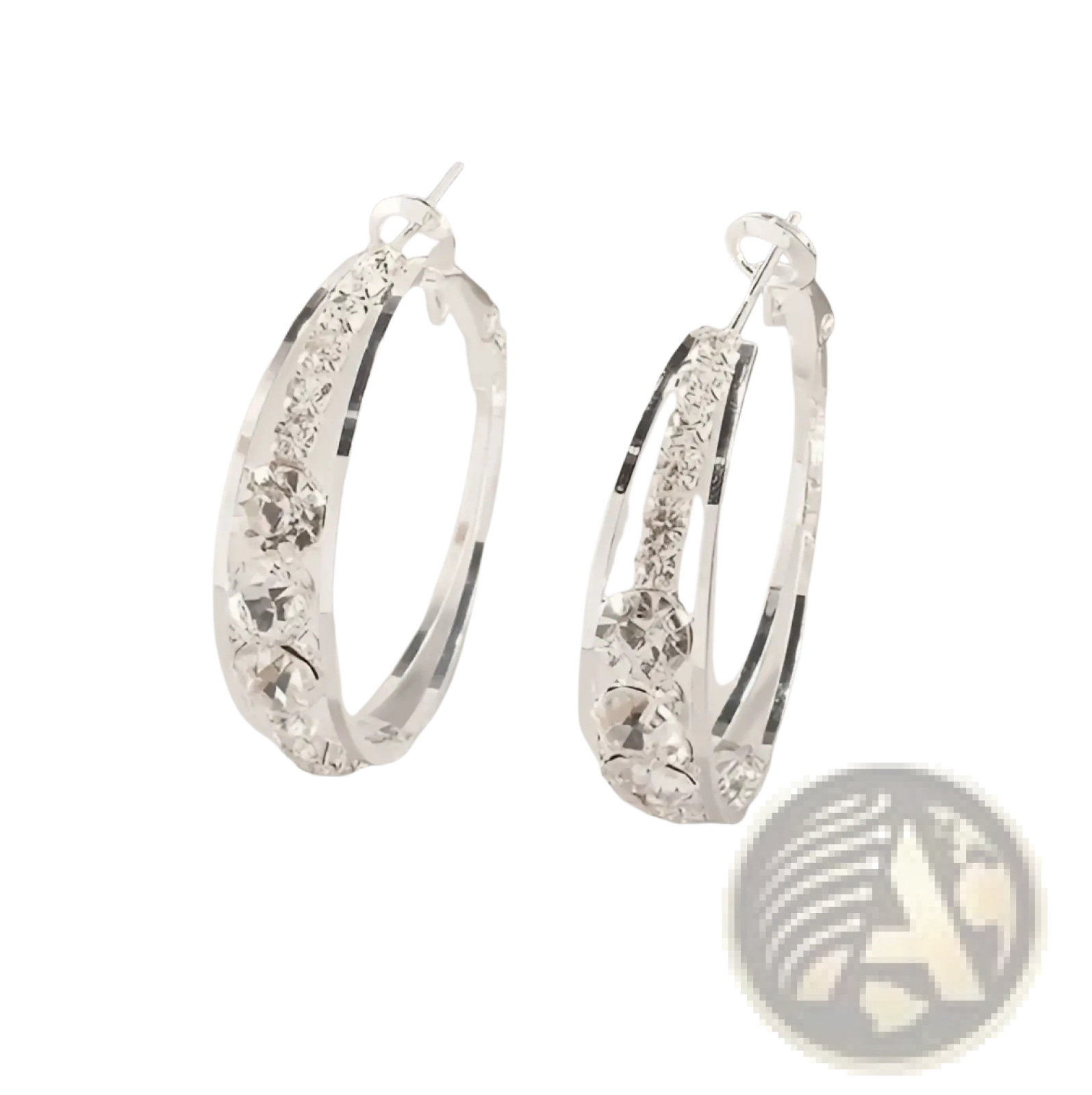 Silver hoop earrings for women with clear crystal inlays and black accent stripes in a geometric design