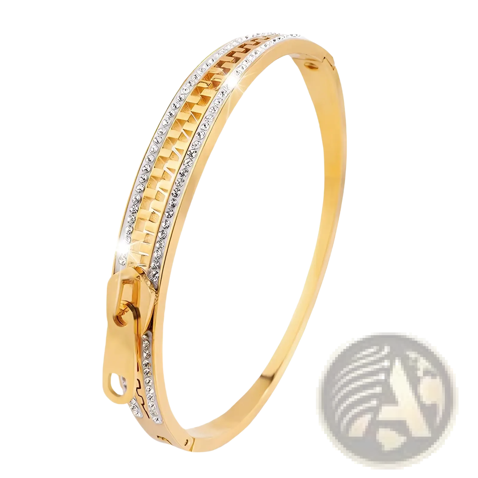 Gold-toned crystal interlocking titanium steel zipper bangle bracelet with textured pattern and clear crystals along inner edge