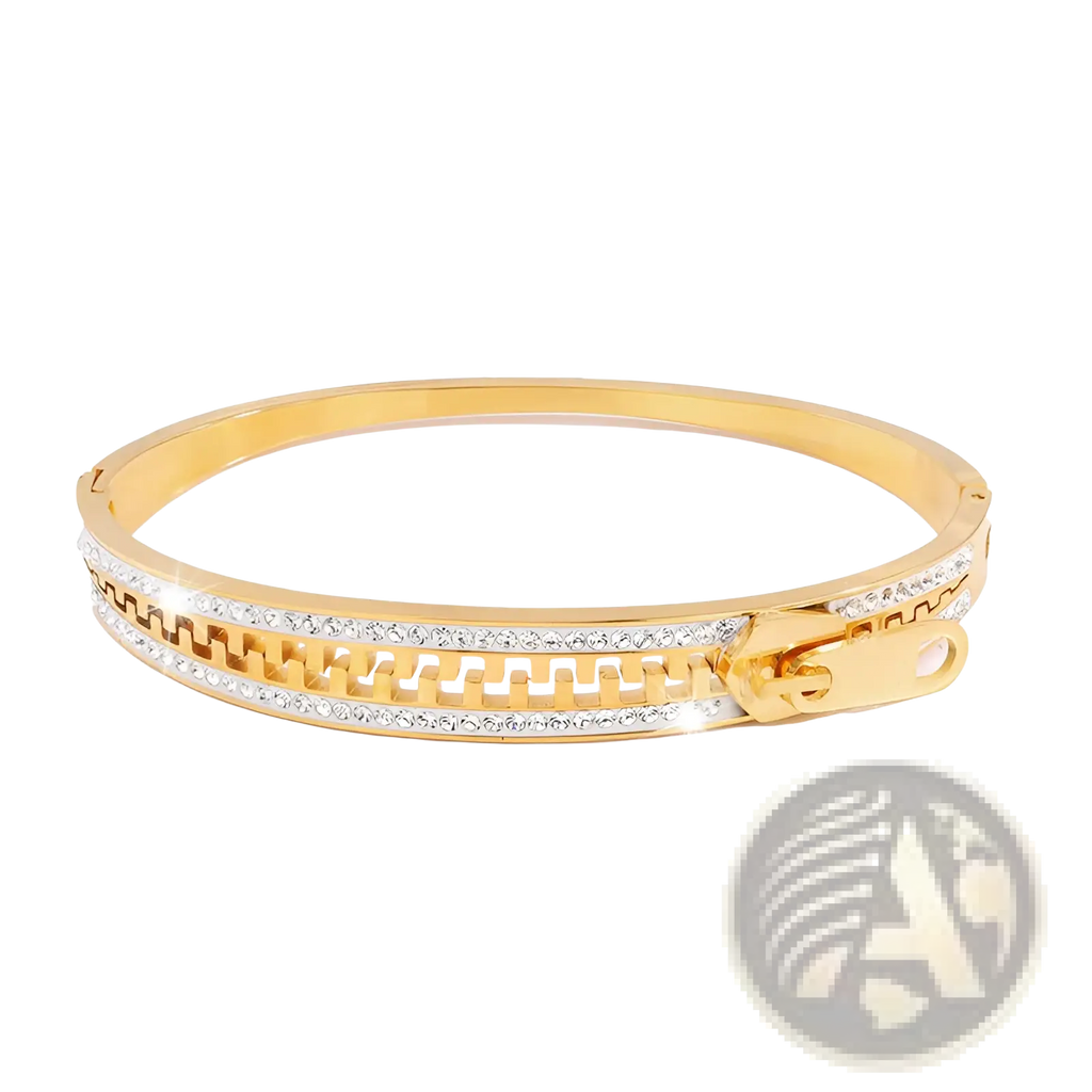 Gold-toned crystal interlocking titanium steel bangle bracelet with zipper design featuring clear rhinestones