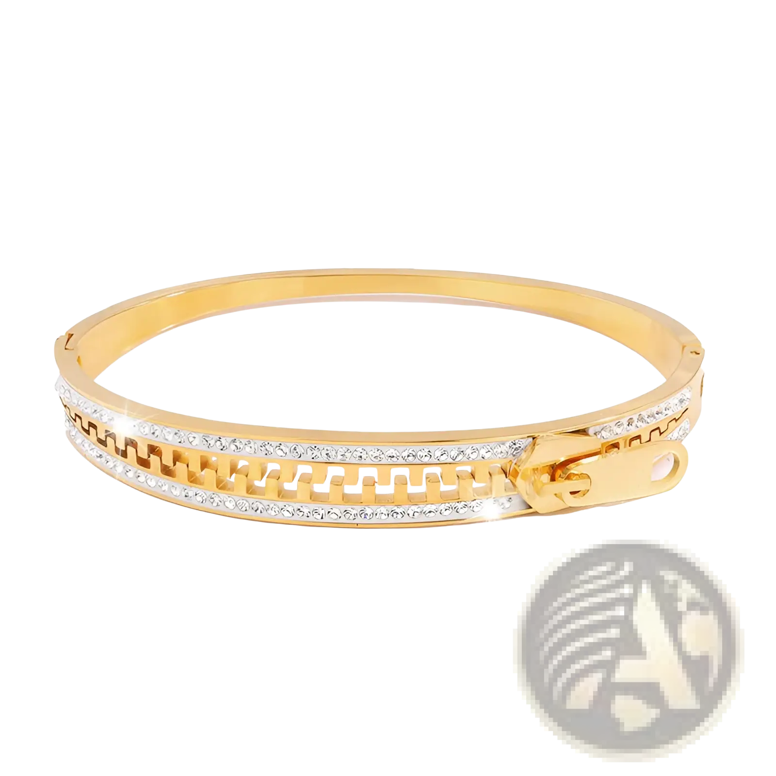 Gold-toned crystal interlocking titanium steel bangle bracelet with zipper design featuring clear rhinestones