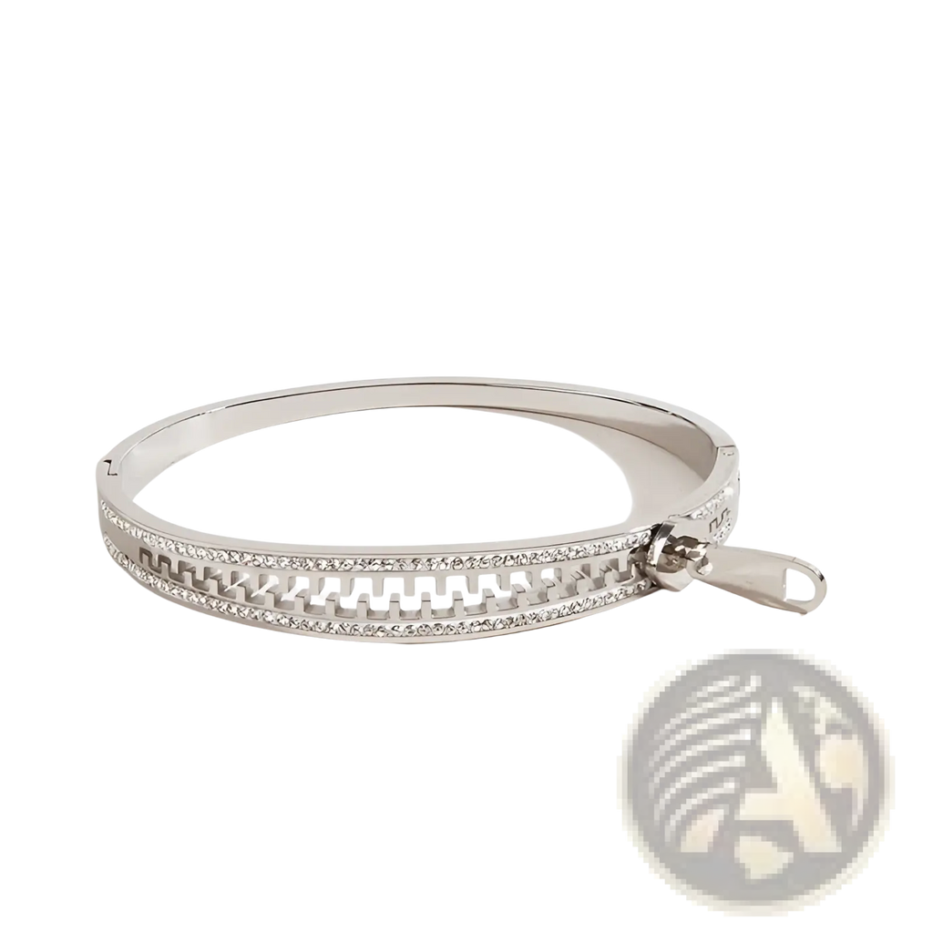 Silver crystal interlocking titanium steel bangle bracelet with zipper design and sparkling rhinestone accents