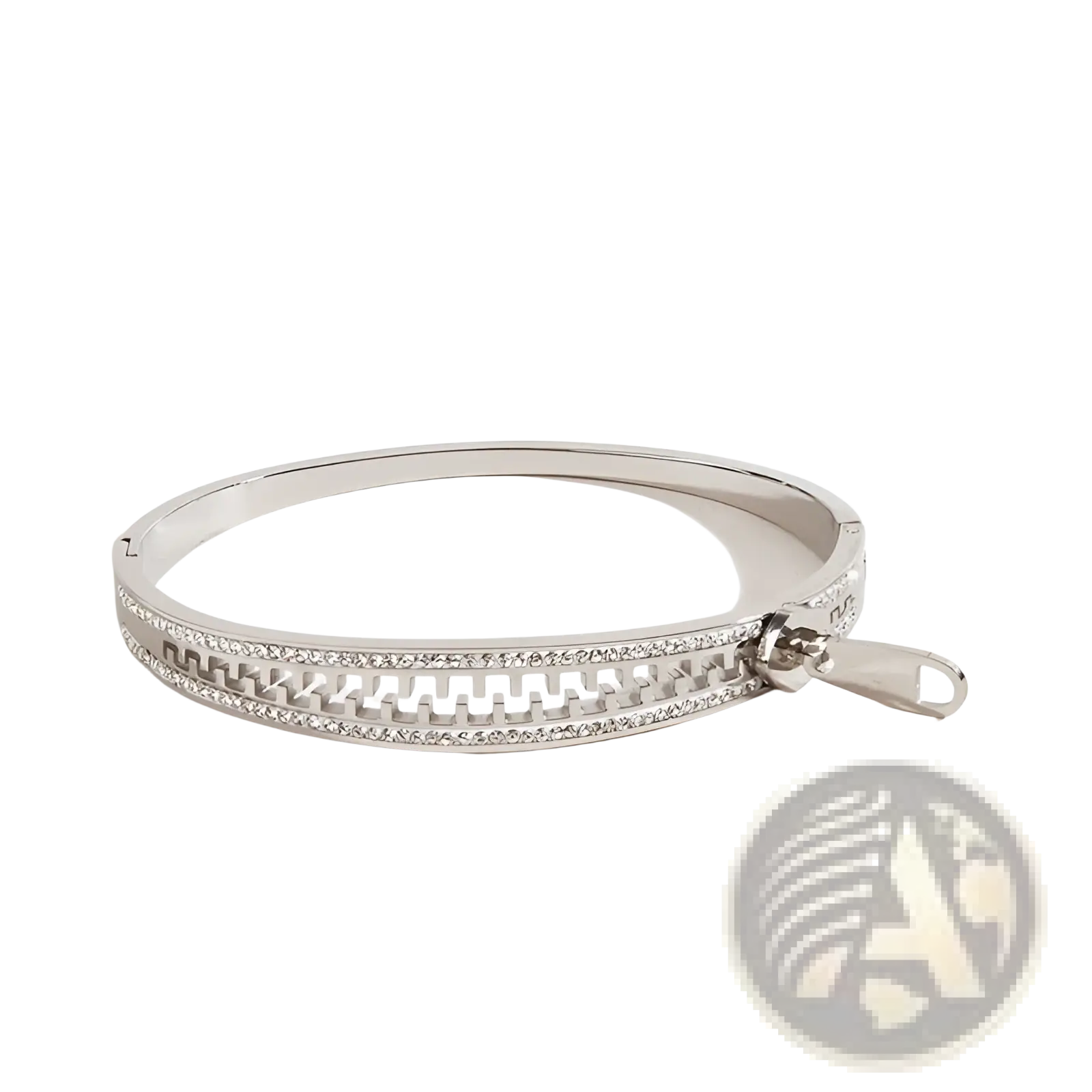 Silver crystal interlocking titanium steel bangle bracelet with zipper design and sparkling rhinestone accents