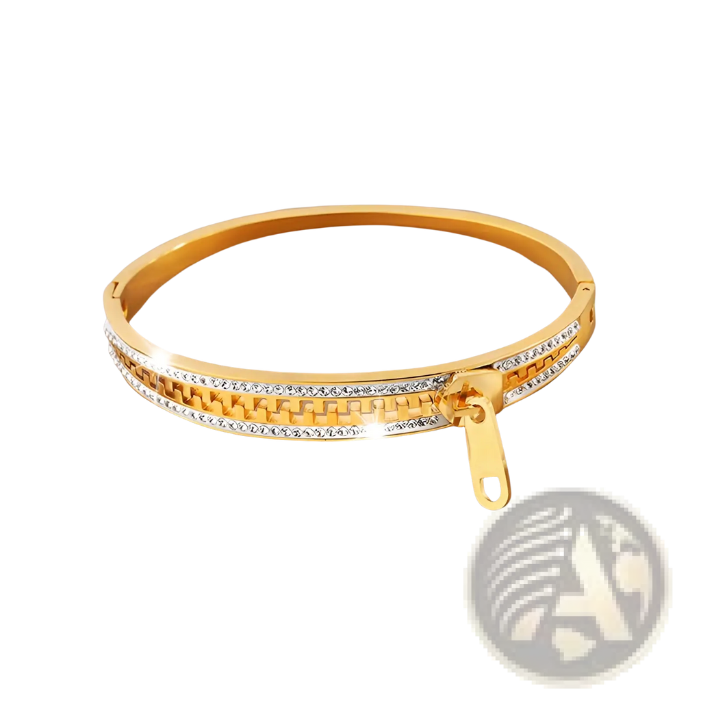 Crystal interlocking titanium steel gold-toned bangle bracelet with zipper closure and clear rhinestones on textured band