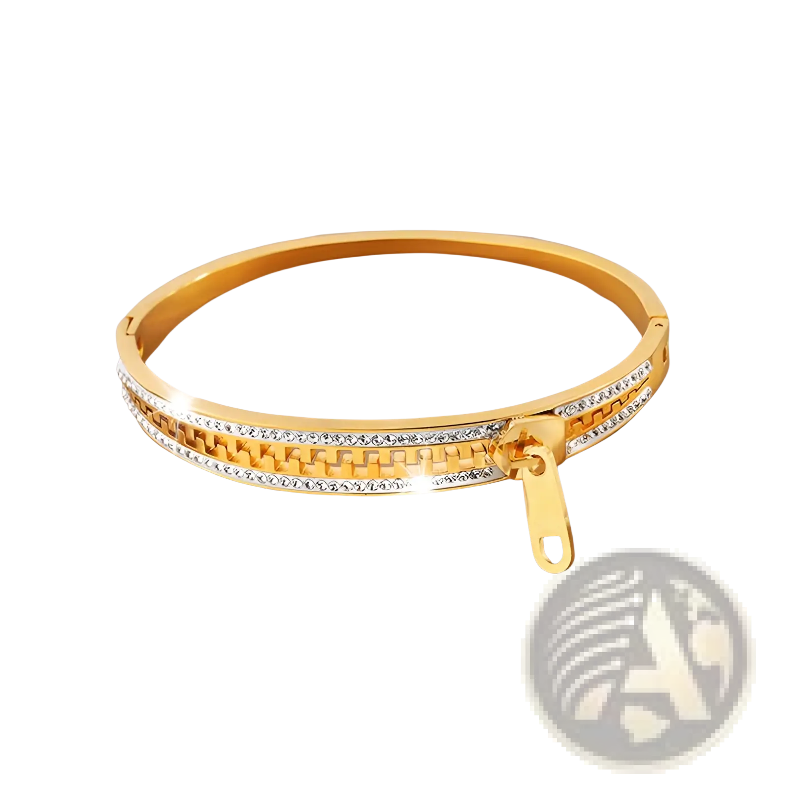 Crystal interlocking titanium steel gold-toned bangle bracelet with zipper closure and clear rhinestones on textured band