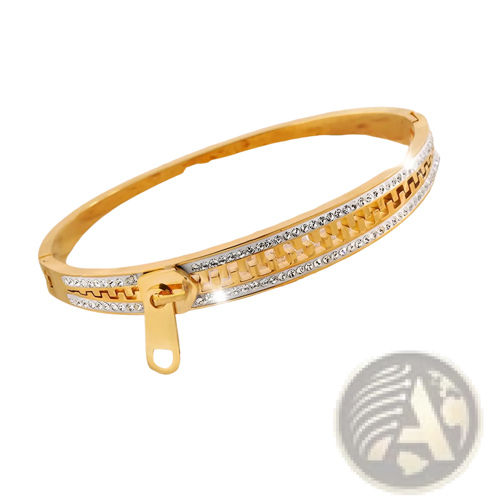 Gold-toned crystal interlocking titanium steel bangle bracelet with zipper closure and embedded clear crystals on textured band