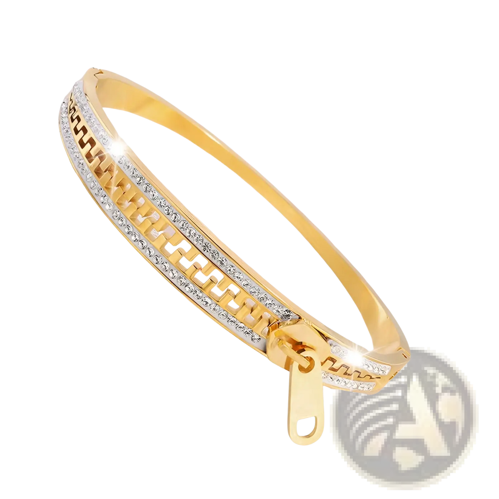 Gold-toned crystal interlocking titanium steel zipper bangle bracelet with sleek geometric pattern and clear crystals