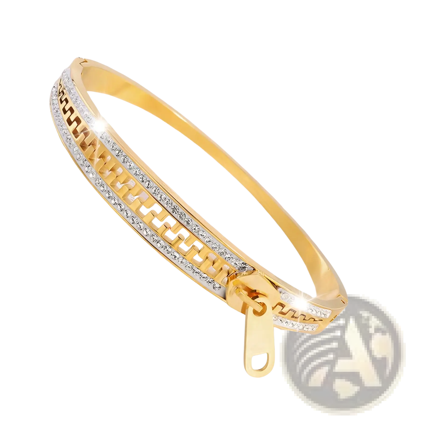 Gold-toned crystal interlocking titanium steel zipper bangle bracelet with sleek geometric pattern and clear crystals