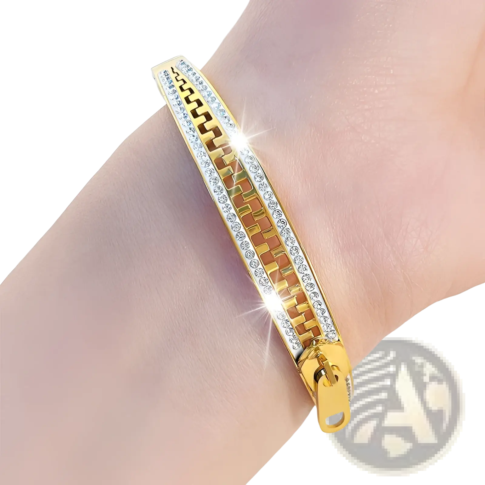Gold-toned crystal interlocking titanium steel zipper bangle bracelet with geometric pattern and clear crystals on edges