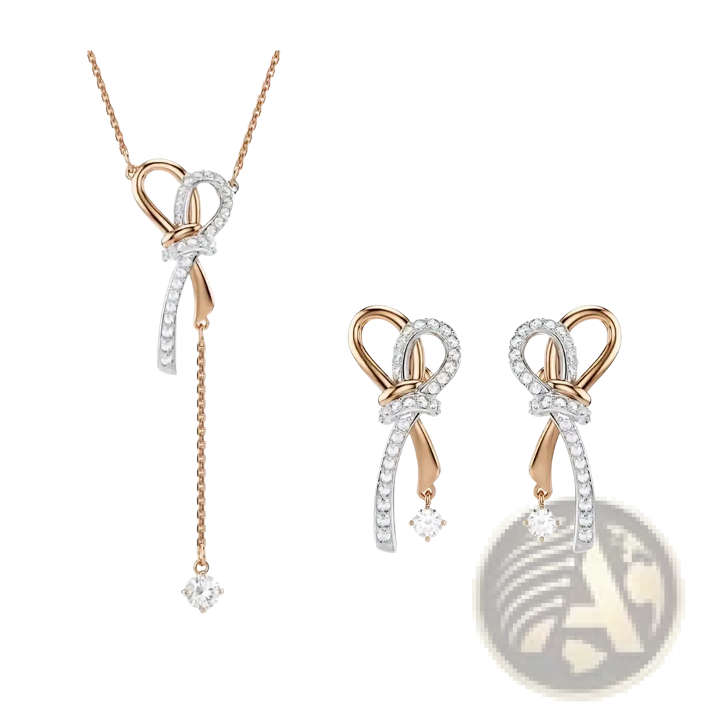 Crystal jewelry set featuring a rose gold and white diamond butterfly knot necklace and earrings in geometric design