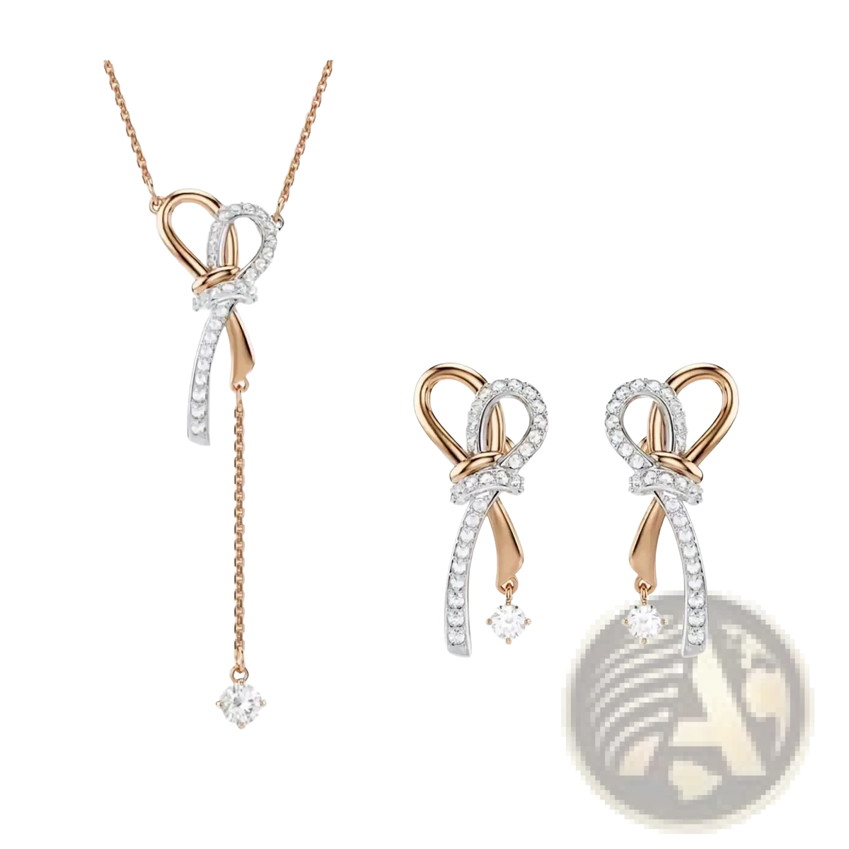 Crystal jewelry set featuring a rose gold and white diamond butterfly knot necklace and earrings in geometric design