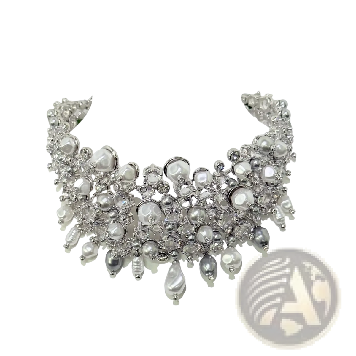 Silver choker necklace from crystal jewelry set featuring intricate gray and white pearls with crystal accents
